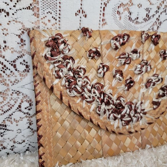 VINTAGE Woven Straw Floral Boho Basket Envelope Clutch Handbag - Picture 3 of 6